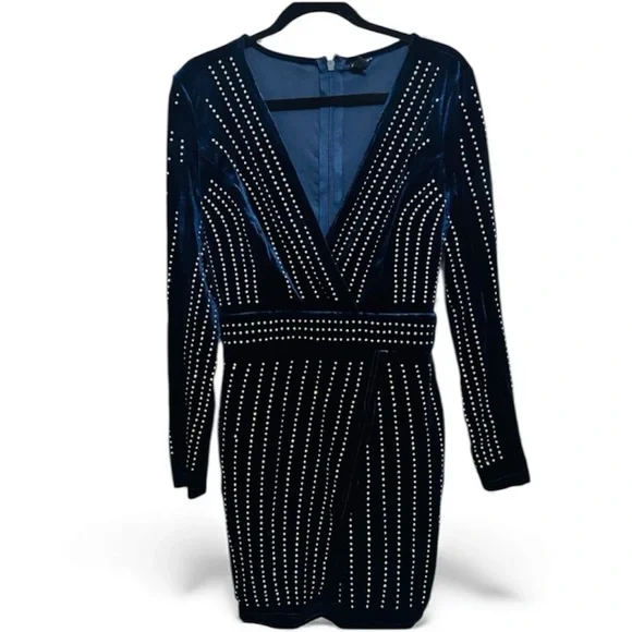Windsor Alexa Velvet Studded Wrap Mini Navy Blue Dress Size Medium - Picture 2 of 9
